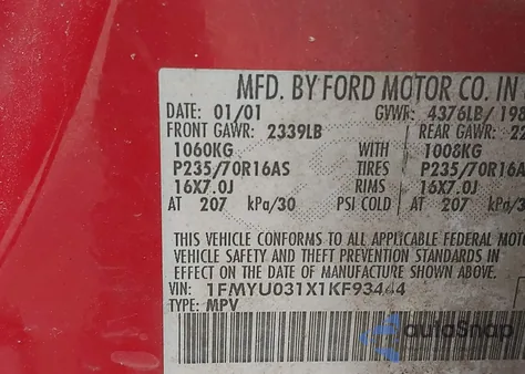 2001 Ford Escape Xlt z USA, uszkodzony, nr VIN 1FMYU031X1KF93444